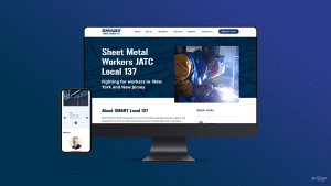 SMART Local 137 website mockup on desktop and mobile screens, showcasing sheet metal workers' union advocacy and resources in New York and New Jersey.
